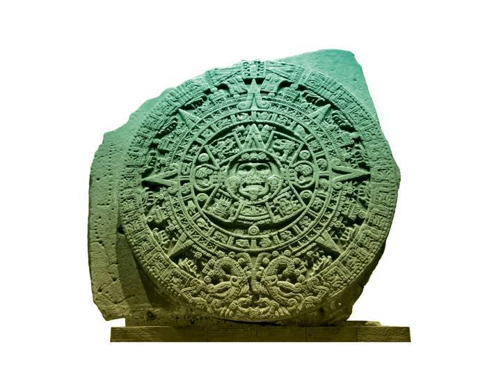 La piedra del sol azteca, que data de principios del siglo XVI, es un monolito que representa la cosmovisión Azteca del tiempo. Ubicado en el Museo Nacional de Antropología de la Ciudad de México, mide 3,6 metros de diámetro y pesa más de 24 toneladas.