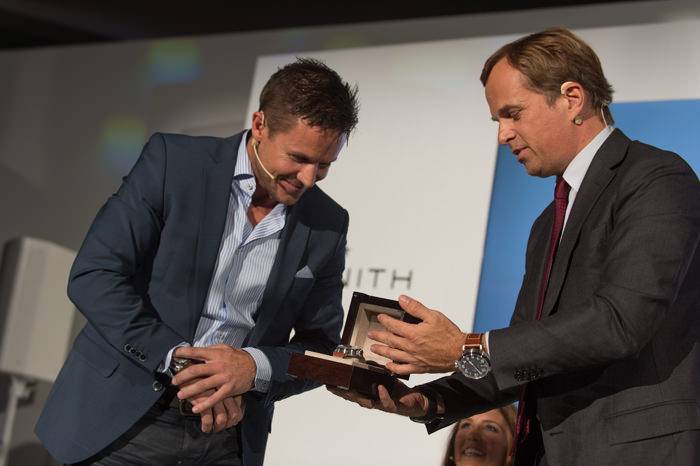 Jean-Frédéric Dufour (derecha) & Felix Baumgartner (izquierda) durante la conferencia de prensa de Zenith en BaselWorld