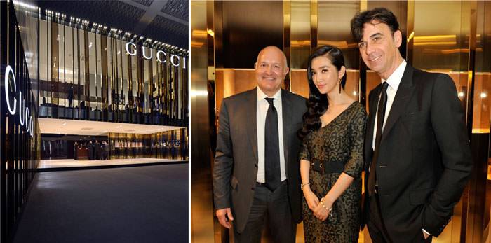 El CEO de Patrizio di Marco y el CEO de Gucci Timepieces & Jewelry, Michele Sofisti con Li Bingbing