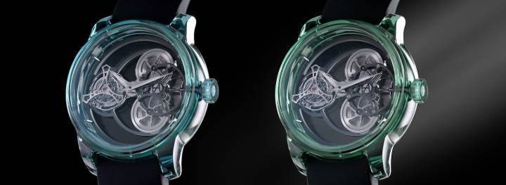 La marca de relojes independiente Artya introdujo recientemente un concepto de nano-zafiro que permite cambiar el color de la caja de cristal de zafiro. En el Purity Tourbillon Chameleon, la carcasa cambia de un azul profundo a un verde translúcido cuando se expone a la luz artificial (6500K o superior).