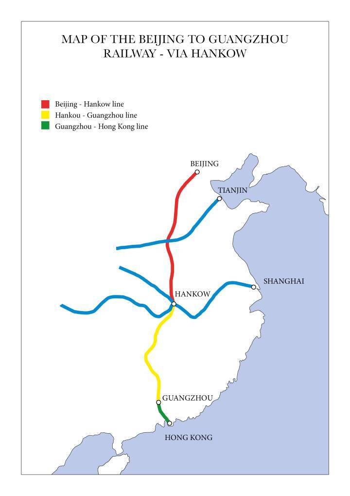 Mapa del ferrocarril de Beijing a Guangzhou a través de Hankow. Después de Pékin-Hankou, la Grande épopée 1898-1905.