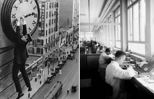 Izquierda: Harol Lloyd en la película «The Fly Man». Derecha: Atelier de Girard-Perregaux en 1950.