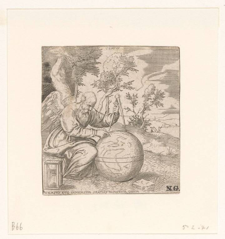 El tiempo como un anciano con brújula, globo terráqueo y reloj de arena, atribuido a Francesco Salviati (1533-1567)