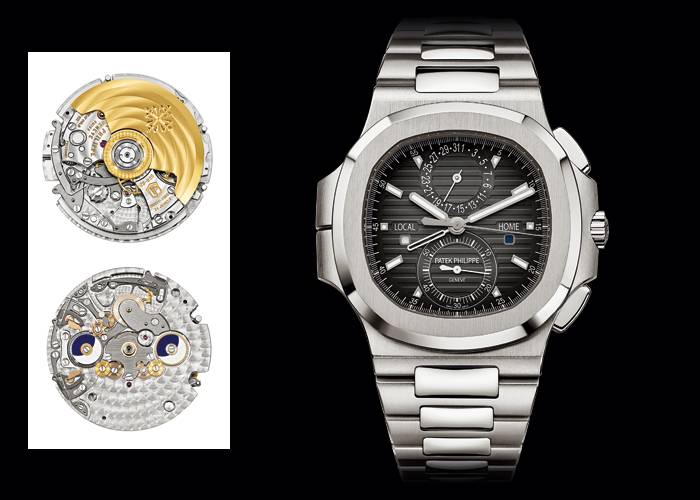 Izquierda: MVT CH 28 250 C FUS - Derecha: Nautilus Travel Time Chronograph de Patek Philippe (ref. 5990/1A) 