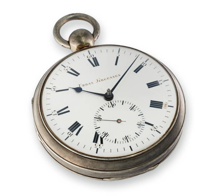 Urban Jürgensen Chronometer 649/35, 1820. Caja de plata maciza pesada, esfera de esmalte con los típicos números Romanos y Arábigos de Urban Jürgensen para las horas y los minutos, respectivamente.