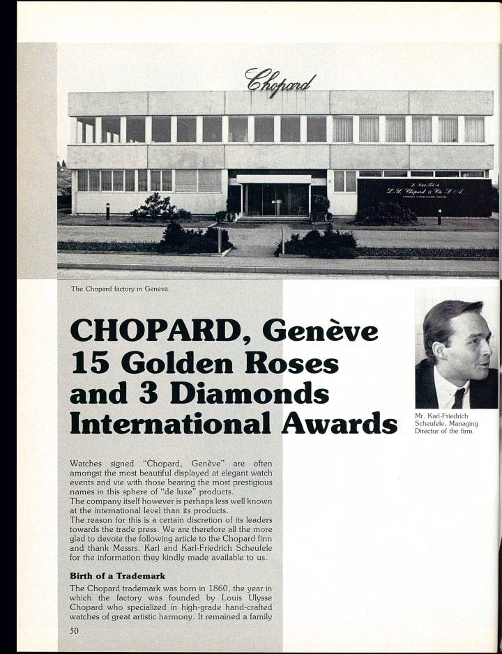 En 1981, Europa Star publicó este perfil de Chopard, que en ese momento producía alrededor de 18,000 relojes de joyería al año, incluidos los Happy Diamonds, en sitios en Ginebra y Pforzheim.