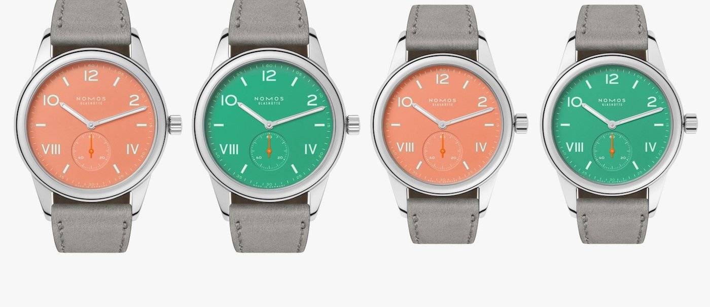 Nomos Glashütte Club Campus en coral crema y verde eléctrico