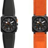 BR 03-94 Carbon Orange - Izquierda: Correa de caucho negro, Derecha: Correa de tela naranja