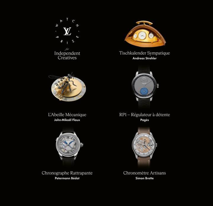 Los cinco finalistas de la primera edición del Louis Vuitton Watch Prize for Independent Creatives: Andreas Strehler – Tischkalender Sympathique, un calendario mecánico de mesa perpetuo con indicación del año, mes, fecha y día de la semana, y un reloj de bolsillo como maestro cronometrador. indicación de horas, minutos, segundos, día y noche, estado de la memoria mecánica. John-Mikaël Flaux – L'abeille mécanique, un objeto del tiempo con horas poéticas, movimiento de carrusel, cuerda manual con llave, reserva de marcha de 40 h. Raul Pagès – RP1 Régulateur à détente, reloj mecánico de cuerda manual, calibre interno con escape con retén y palanca pivotante. Petermann Bédat – Chronographe Rattrapante, cronógrafo, cronómetro, minuto saltante y mecanismo rattrapante. Simon Brette – Chronomètre Artisans, un reloj mecánico de cuerda manual, calibre de manufactura, horas, minutos, segundero pequeño y parada de segundero.