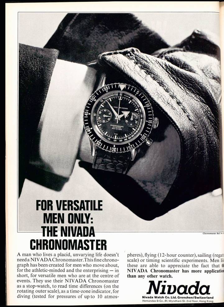  Anuncio del Chronomaster de Nivada Grenchen presentado en Europa Star a mediados de la década de 1960. En ese momento, este cronógrafo estaba dirigido principalmente a un público masculino, como indica el lema . Diferentes tiempos, diferentes costumbres.