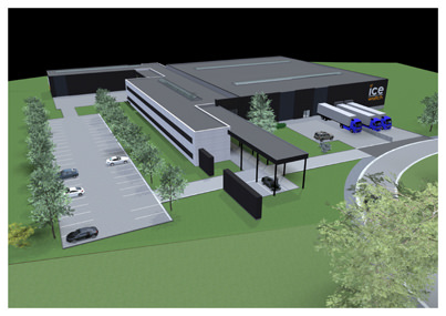 Una representación 3D del futuro centro de almacenaje y distribución Europeo de Ice-Watch en Bastogne 
