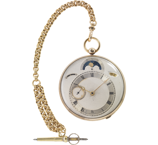  Breguet No. 3833, vendido el 12 de mayo de 1823. Caja de oro, esfera plateada descentrada con ventanillas para la fecha y las fases lunares, segundero pequeño descentrado, escape de áncora.