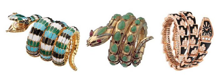 De Izquierda a Derecha: Brazalete-reloj Serpenti en oro amarillo y esmalte policromado. Las escamas están decoradas con esmalte blanco, negro, verde y turquesa, la cabeza tiene ojos de esmeralda en forma de pera que ocultan una esfera circular, ca 1965 - Pulsera Serpenti de oro amarillo adornado con jade, rubíes y diamantes, ca 1968 - Joyero Serpenti y reloj de oro rosa con pulsera de oro de doble vuelta con 385 diamantes talla brillante (4,12 ct) y esfera de zafiro negro esgastada con 33 diamantes.