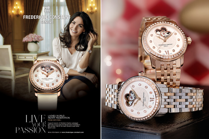 Izquierda: Inès Sastre - Derecha: Ladies Automatic «World Heart Federation» modelos FC-310WHF2PD2B3 y FC-310WHF2PD4B3 de Frédérique Constant