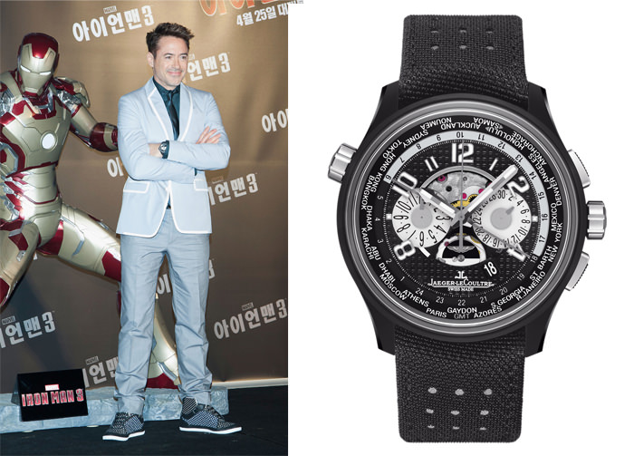 Izquierda: el actor Robert Downey Jr. vistiendo su Jaeger-LeCoultre Chronograph - Derecha: el AMVOX5 World Chronograph Watch de Jaeger-LeCoultre