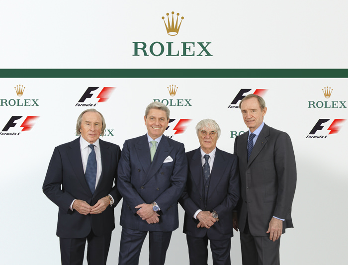 Sir Jackie Stewart, Testimonio de Rolex ; Sr Gian Riccardo Marini, CEO de Rolex SA ; Sr Bernie Ecclestone, CEO del grupo Formula One; Sr Jean-Claude Killy, Testimonio de Rolex y Miembro del Consejo de Administración de Rolex SA (de izquierda a derecha) © Rolex / Eddy Mottaz