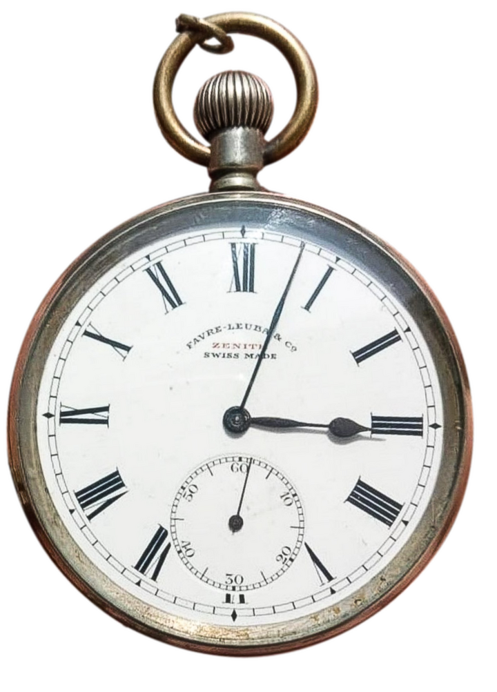 Reloj de bolsillo Zenith Favre-Leuba con doble firma y el Ferrocarril Estatal Garantizado de Nizam (N.G.S.R.) grabado en el fondo de la caja