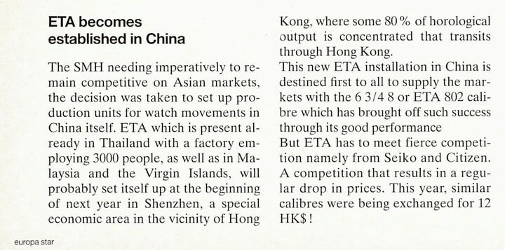 Pocas personas recuerdan que ETA se estableció en Shenzhen a mediados de la década de 1990 para competir con los fabricantes de movimientos de Seiko y Citizen.