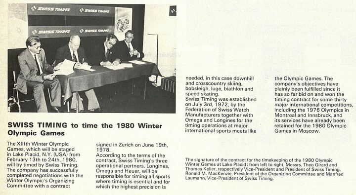 En un clima geopolítico tenso, Swiss Timing programó los Juegos Olímpicos de Invierno de 1980 en Lake Placid, EE. UU. Los Juegos Olímpicos de Moscú celebrados en el verano del mismo año fueron boicoteados por una cincuentena de países, incluido Estados Unidos, en protesta por la invasión de Afganistán por parte de la URSS.