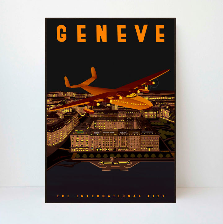 Ginebra, Quai du Mont-Blanc, Latécoère 631: “El Latécoère 631 es el último hidroavión que ha volado en una línea transatlántica comercial, habiendo transportado pasajeros en la década de 1950 en algunas de las rutas más largas con salida desde Europa. El “Laté” transportaba a sus 54 pasajeros a una velocidad máxima de 400 km/h mientras que su autonomía de más de 6.000 kilómetros era suficiente para volar, por ejemplo, de Ginebra a Nueva York. Por lo general, navegaba a una altitud de 2.500 metros con una velocidad de funcionamiento de entre 280 y 300 kilómetros/hora. Esta obra de arte muestra el sexto avión construido por Latécoère mientras se prepara para aterrizar en Rade de Genève, el 12 de junio de 1948, y despegar de nuevo dos días después, el 14 de junio. Un acontecimiento tan excepcional atrajo a multitudes de espectadores a la orilla del lago”.