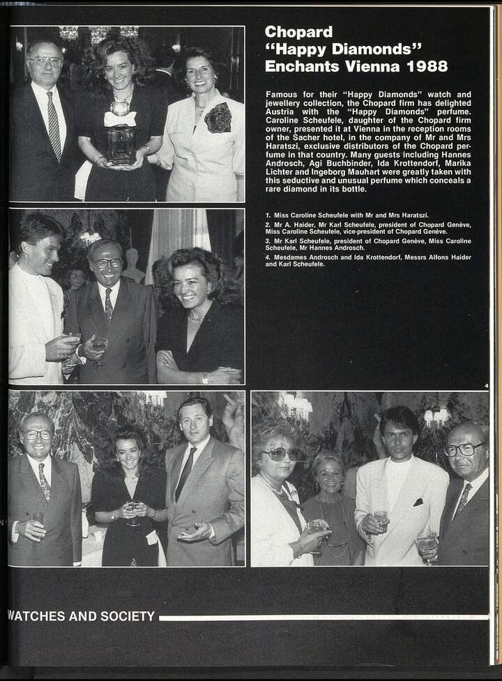 Celebrando la colección Happy Diamonds, que también estuvo disponible como perfume, en Viena, en 1988.